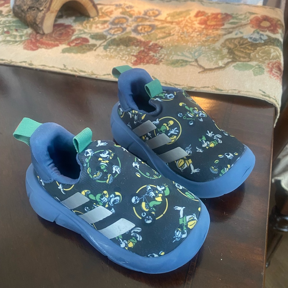 Adidas Blue and Green Sneakers with Dinosaur Design
